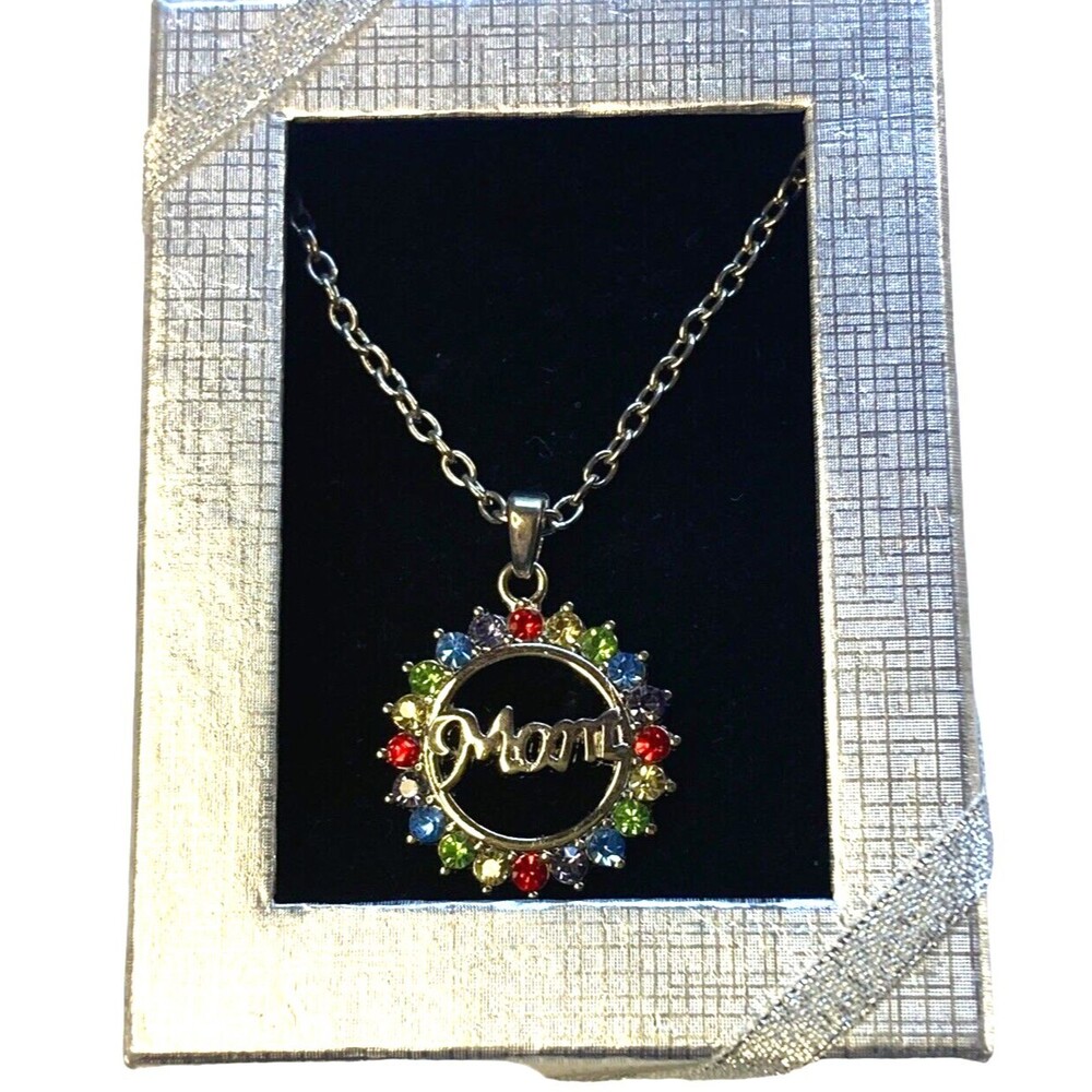Mom necklace goldtone multi color gems circle pendant colorful y2k retro tacky